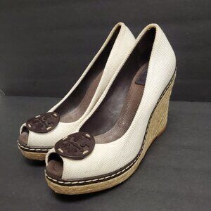 Tory Burch Womens Cerise Peep Toe Espadriille Wedges Size 8.5 Preppy Resort